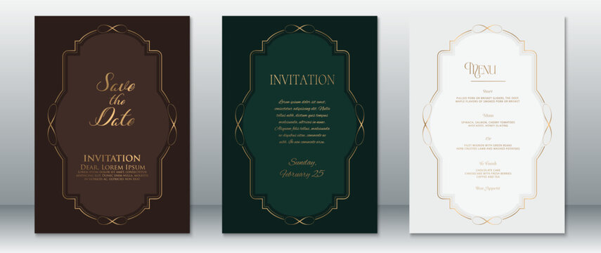 Elegant wedding invitation set with ornate gold frame on deep brown, dark green, and clean white backgrounds. Includes Save the Date, Invitation, and Menu designs featuring refined typography.