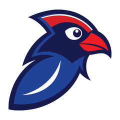 Stylized blue bird mascot with red accent on head and beak