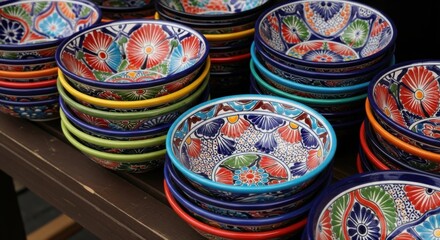 Collection of colorful decorative ceramic bowls displayed on a table for sale
