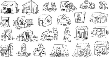 Detailed black and white illustrations portraying poverty and homelessness, featuring children and adults in shacks, tents, and makeshift shelters, often scavenging for food and resources.