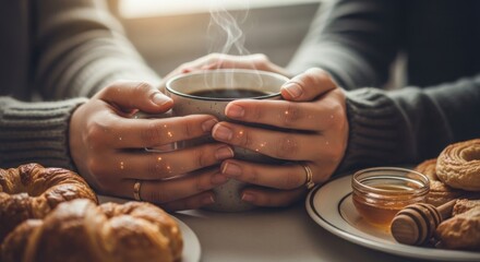 Cozy morning with warm coffee and delicious pastries enjoying quality time together