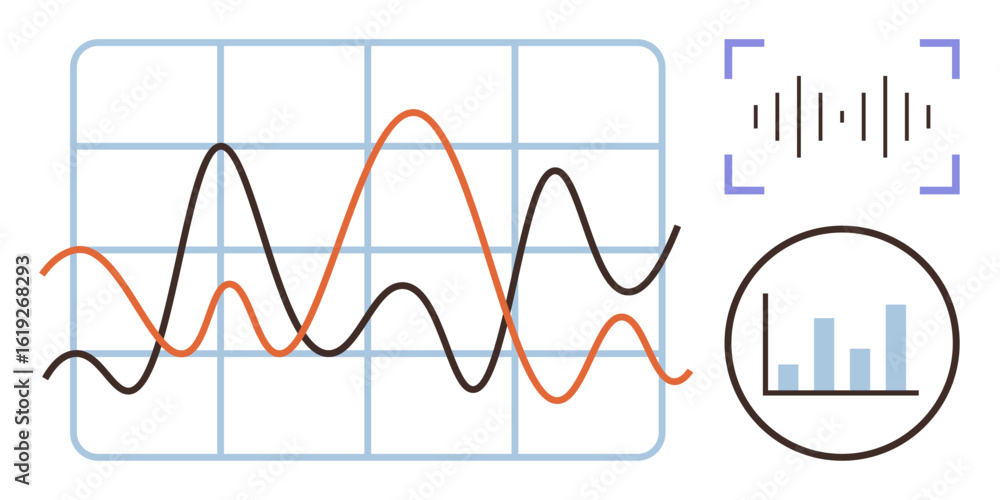 Poster line graph with fluctuating lines, bar chart, sound wave, and grid background. ideal for data analys