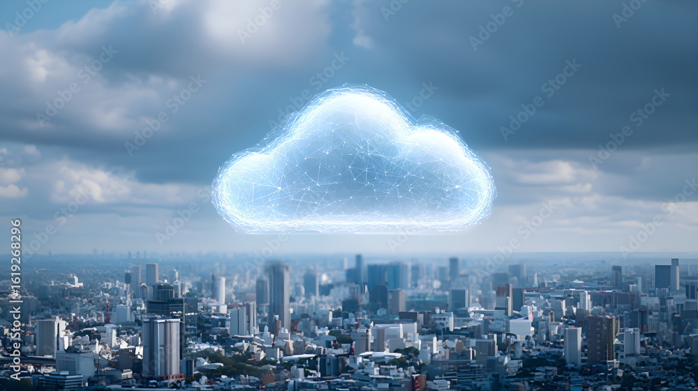 Aufkleber cloud computing is covering smart city with network connections and data storage