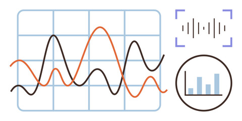 Line graph with fluctuating lines, bar chart, sound wave, and grid background. Ideal for data analysis, statistics, reporting, analytics, trends presentations research simple flat metaphor