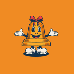 Retro groovy Christmas jingle bell character with a red bow. Vector, illustration, mascot, vintage, colection, icon, sticker, cartoon