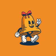 Retro groovy Christmas jingle bell character with a red bow. Vector, illustration, mascot, vintage, colection, icon, sticker, cartoon