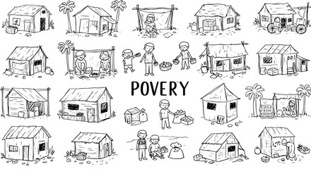 Hand-drawn illustrations depicting global poverty, featuring makeshift homes, food insecurity, and the daily struggles of vulnerable communities, emphasizing hardship and aid.