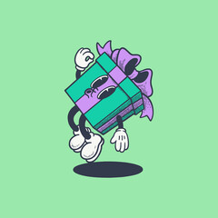 cartoon groovy christmas gift box character. birthday, xmas and happy new year celebration green gift box vector retro mascot. Icon, sticker, colection.