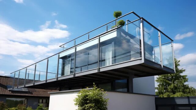 Modern glass balcony extending from a contemporary house with clear blue sky and greenery in the background