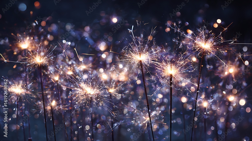 Poster sparkler lights glowing with bokeh on dark background