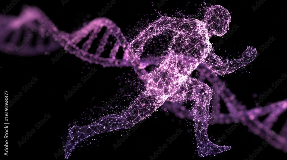 Aufkleber abstract body outline filled with pulsating purple dna strands fracturing and sparking highlighting 