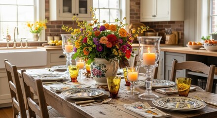 Beautifully Set Dining Table with Colorful Floral Arrangement in Rustic Kitchen Setting