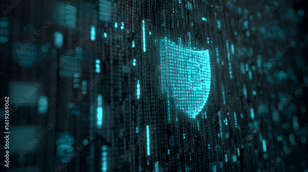 Poster digital shield protecting data stream from cyber threats