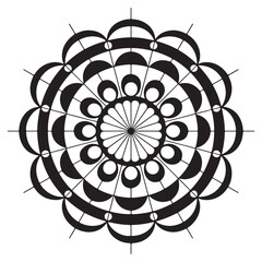 Intricate black and white circular mandala design with repeating petal and ring motifs
