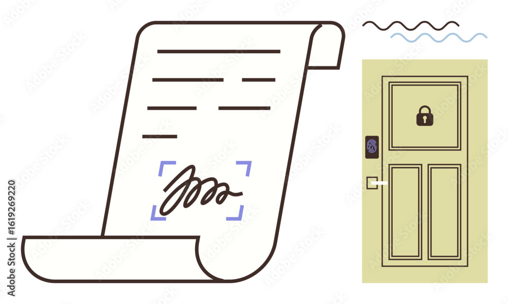 Poster document with e-signature and locked door for security, privacy, and authentication. ideal for data 