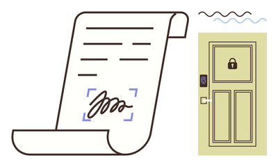Document with e-signature and locked door for security, privacy, and authentication. Ideal for data protection, digital signing, secure access, authentication, legal processes, compliance simple