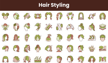 A colorful array of hair styling icons featuring various hairstyles, including braids, buns, and wavy looks, perfect for creativity and inspiration.