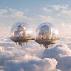 Obraz premium Futuristic Cloud City Domes, Aerial View, Golden Structures, Peaceful Sky, Architectural Design