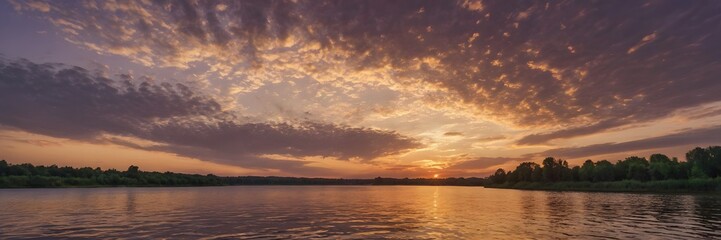 Fototapeta premium Serene Sunset Over Calm River with Vibrant Cloudscape and Green Trees in Distance