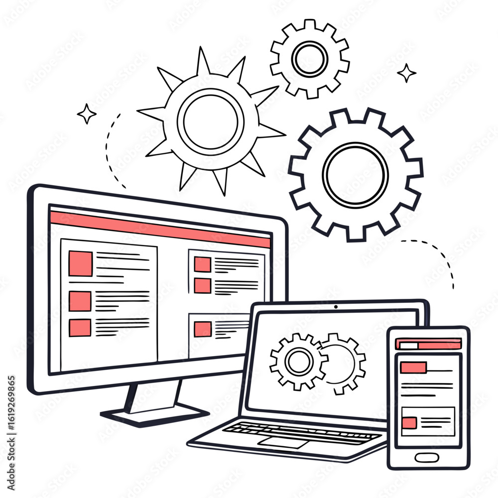 Poster vector art of modern technology devices like a computer, laptop, and smartphone are depicted with ge