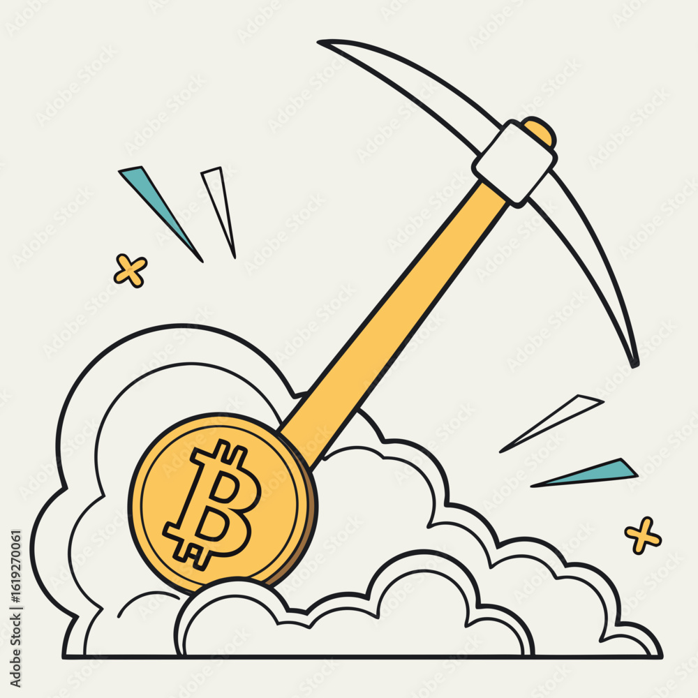 Poster vector art of a golden bitcoin coin is struck by a pickaxe, symbolizing cryptocurrency mining and di