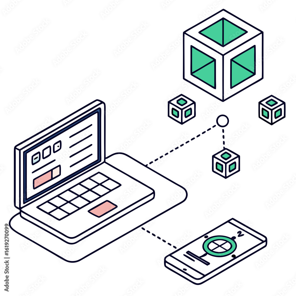 Poster vector art of isometric illustration showing a laptop and smartphone connected to a network of data 