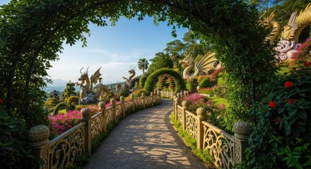 Enchanting Pathway Through a Lush Garden Under a Sunny Sky