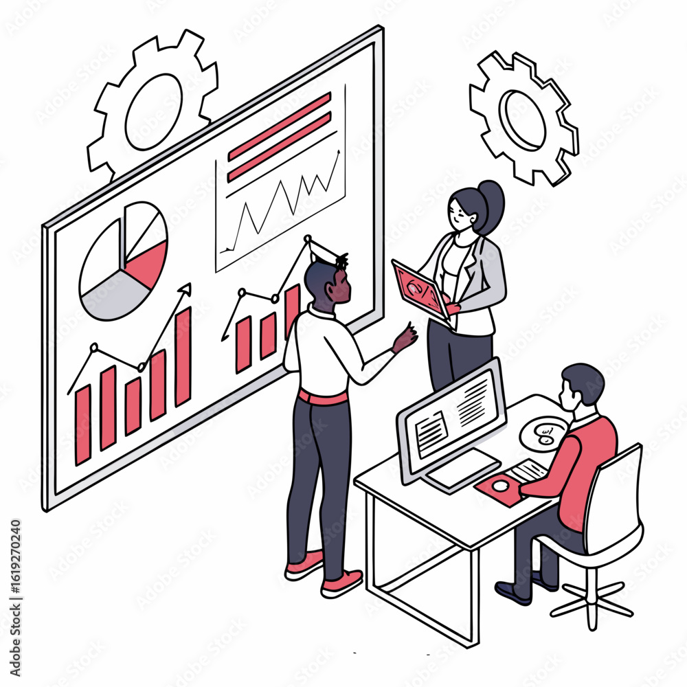 Aufkleber vector art of a diverse team of professionals collaborates on a business strategy, analyzing data an