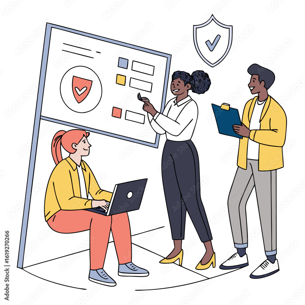 Poster vector art of a diverse team collaborates on a business strategy, reviewing data and security metric