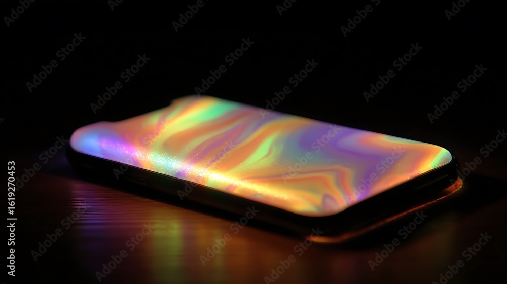 Poster glowing device with abstract color swirls reflecting on surface