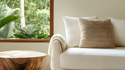 A serene living room with reclaimed wood furniture and natural fibers. Large windows offer a view of a lush garden, blending indoor and outdoor space for sustainable green living.