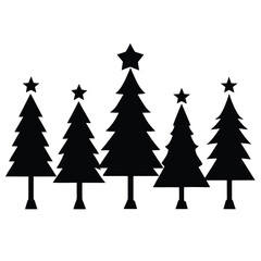 Black silhouette Christmas trees with stars on white