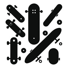 Black silhouette skateboards and wheels arranged on white background
