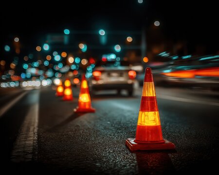 Fototapeta Premium Nighttime DUI Checkpoint Cones for Legal Drinking Age Day Safety Campaigns with Summer Pride Fest Vibe and Back to School Season Advertising
