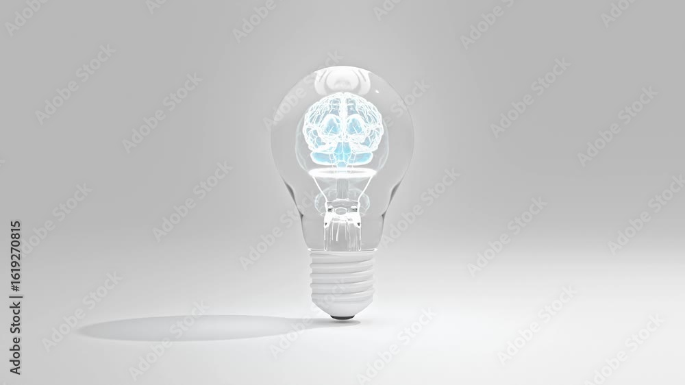 Poster light bulb animation. revealing the interior of a white light bulb with rotating holographic brain. 