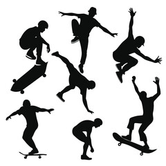 Black silhouettes of skateboarders performing various tricks