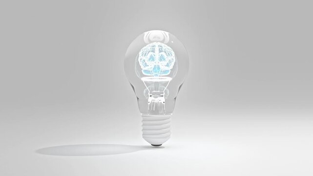 Light bulb animation. Revealing the interior of a white light bulb with rotating holographic brain. Brain working shows creative work. Minimal idea concept. 3D Render.