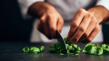 Fototapeta premium Chef's hands chopping fresh basil.