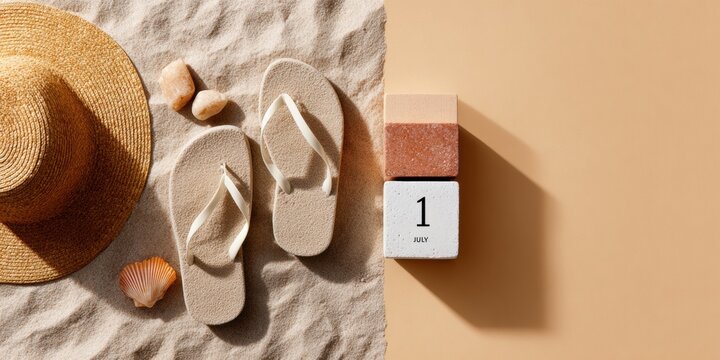 Modern Summer Vacation Concept with July 1 Calendar, Beach Accessories for Young Adults Premium Authentic Lifestyle Marketing Content for Travel Campaigns