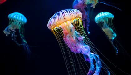 colored jellyfish floating in a glass tank, black background 