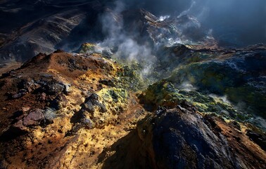 Naklejka premium Aerial View of a Volcanic Landscape with Colorful Sulfur Deposits and Steam