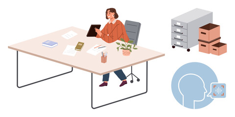 Woman seated at desk with tablet, documents, stationery, plant, filing cabinet, and boxes. Voice recognition icon nearby. Ideal for organization, productivity technology workspace AI innovation