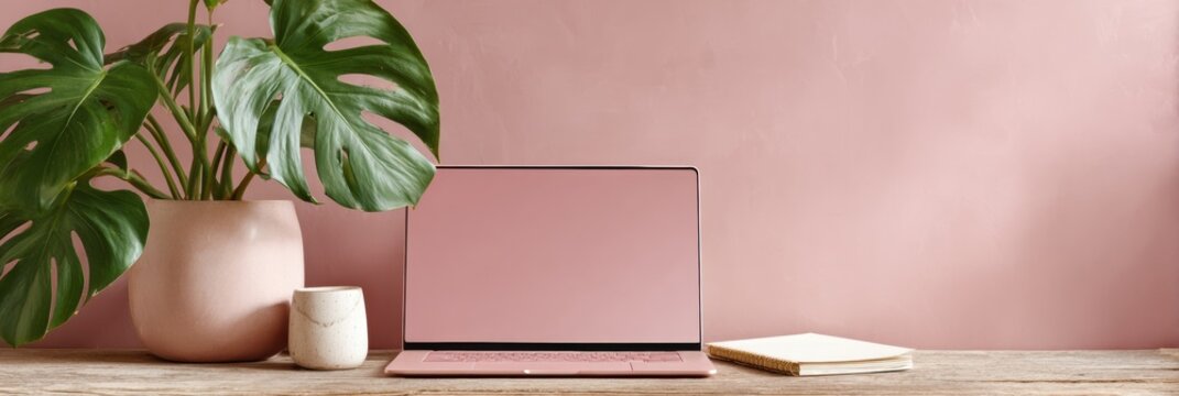 Modern Professional Workspace with Laptop and Plant Premium Authentic Tech Lifestyle Content for Digital Marketing and Business Social Media Campaigns