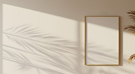 Calm Sun-Drenched Interior with Cream Wall, Matte-Gold Brushed-Oak Poster Frame, Late-Afternoon Sunlight and Palm-Frond Shadow, Crisp Vertical Drop Shadow Accent, Soft Airy Boho-Minimalist Atmosphere.