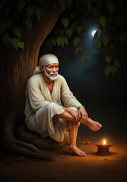 Indian saint sai baba sitting under a tree at night with a candle, spiritual enlightenment