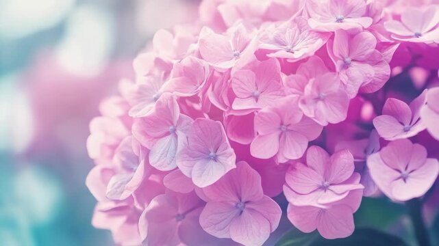 Gorgeous pink hydrangea flowers with delicate petals and stems set against a blurred blue-green background.