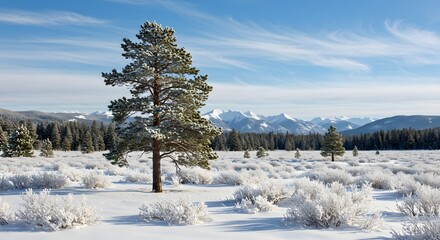 Frosted Evergreen in Snowfield, Sharp Shadows on Snowy Rocks, Cerulean Sky and Clear Light, Hazy Treeline Beyond, Pristine Winter Calm and Contrast