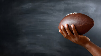 American football ball held by hand with dark background