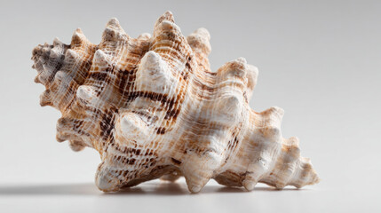 Intricate seashell with natural ridges and brown stripes on white