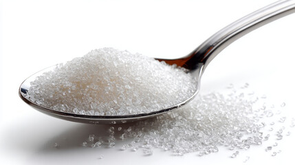 Crystal clear sugar granules on metal spoon with white background